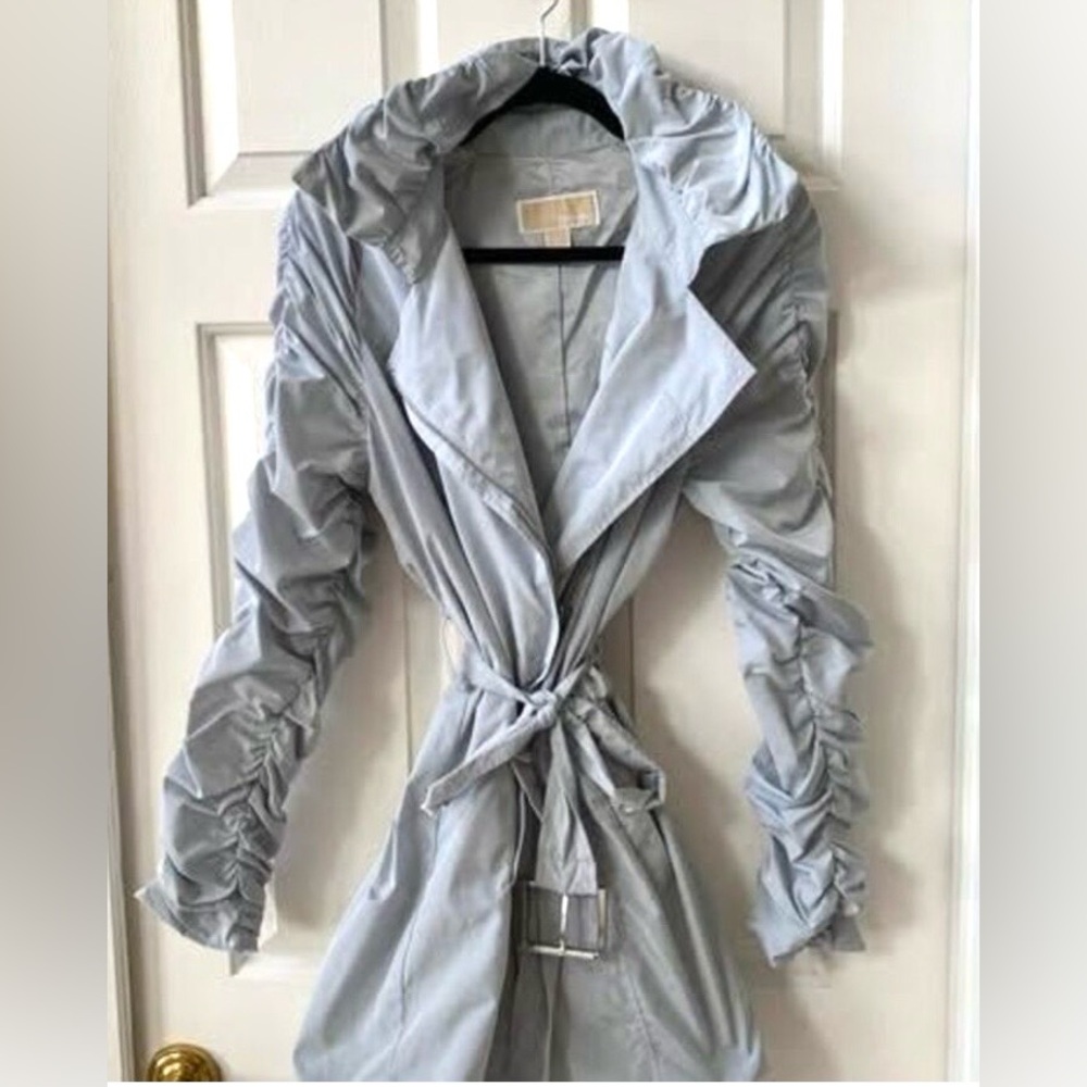 Trench Coat – Size 12 - Dusty Blue/ Gray Michael Kors Ruched Sleeve Bubble Hem